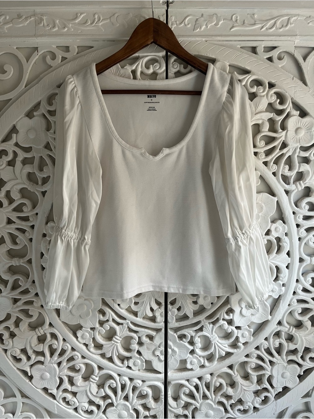 Maeve by Anthropologie White Ribbed Puff Sleeve Knit Top Size Medium